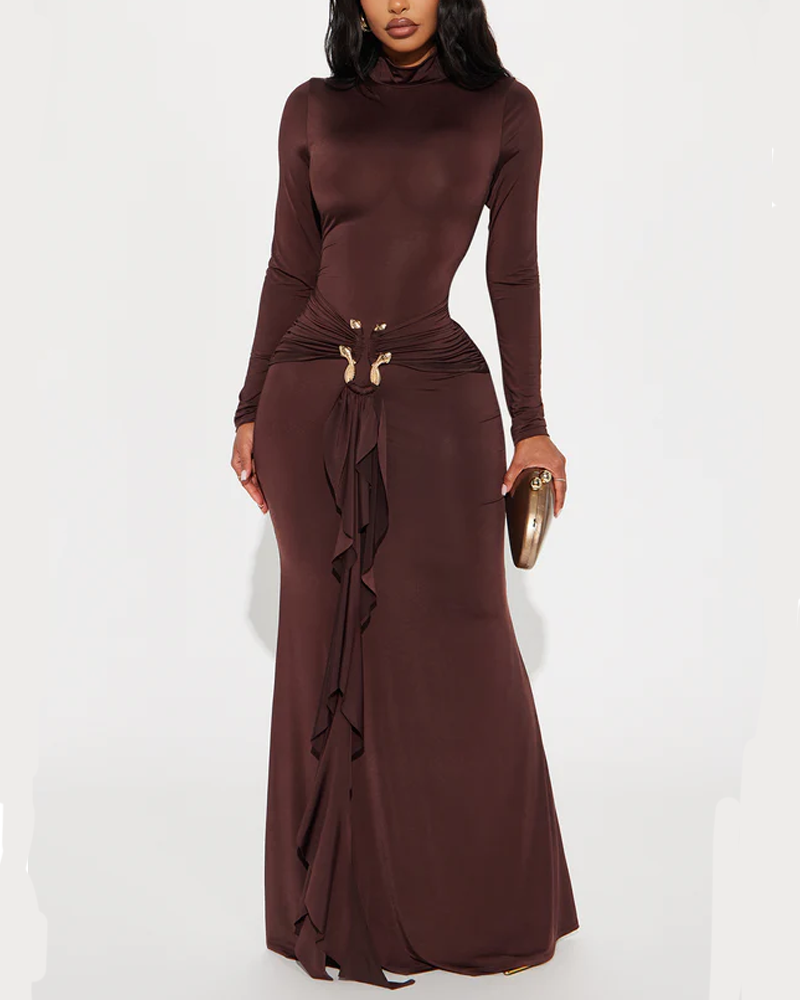High Neck Long Sleeved Fitted Dress With Metallic Ribbon At The Waist And Ruched Details Elegant Evening Gown