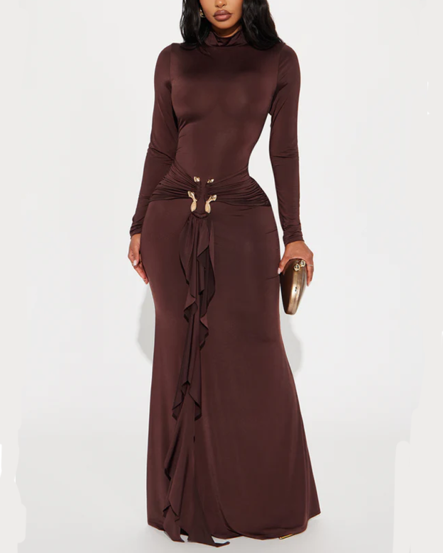 High Neck Long Sleeved Fitted Dress With Metallic Ribbon At The Waist And Ruched Details Elegant Evening Gown