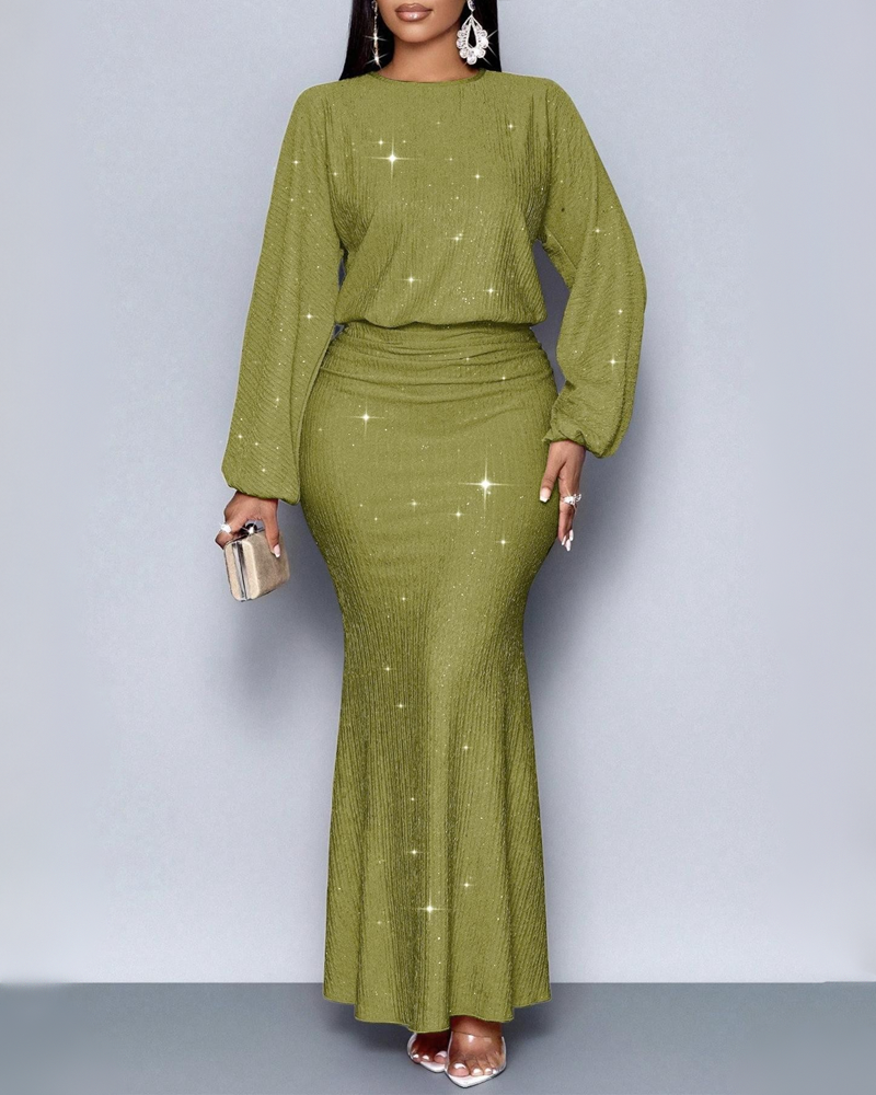 Fashion Sequin Embellished Long Sleeve Mermaid Skirt Ruched Elegant Dress