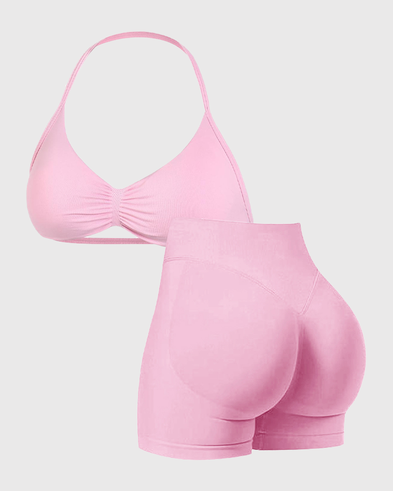 Seamless High Stretch Halter Bra And Peach Hip Yoga Leggings Workout Set