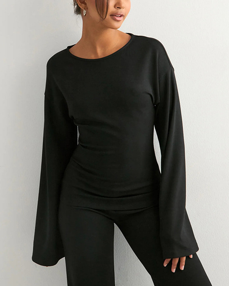 Solid Color Fitted Crew Neck Flare Sleeve Top & Elastic Waist Straight Pants Loungewear 2 Piece Set
