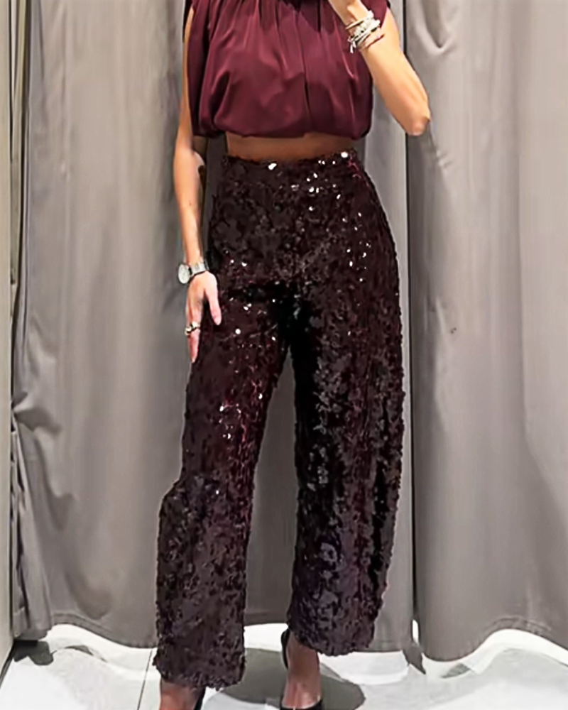 Fashionable Red Sequined Bucket Pants