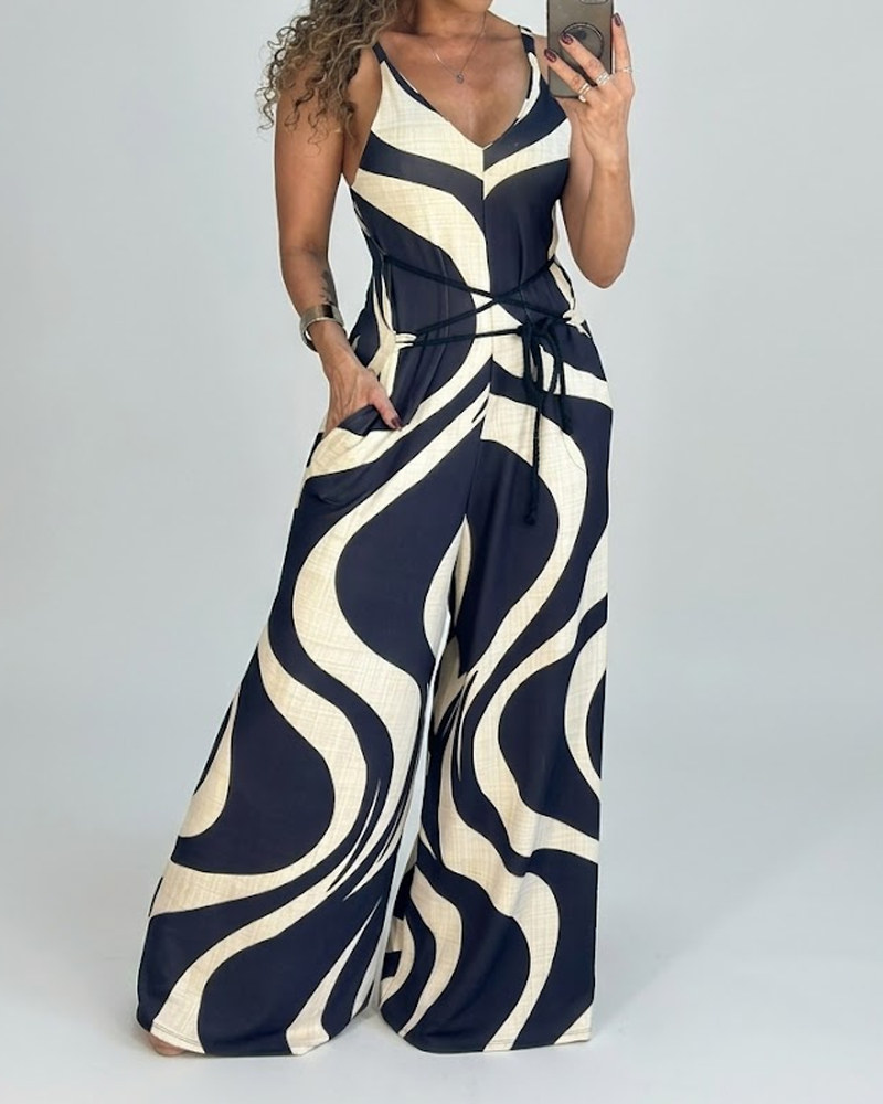 Women's V-Neck Spaghetti Strap Printed Back Lace-Up Wide Leg Jumpsuit (Pre-Sale)