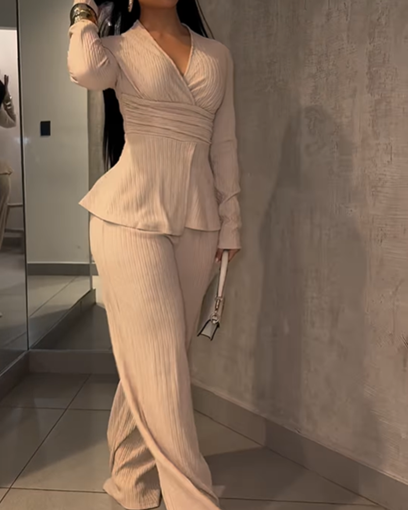 Stylish And Elegant V Neck Fitted Waist Long Sleeved Trouser Suit