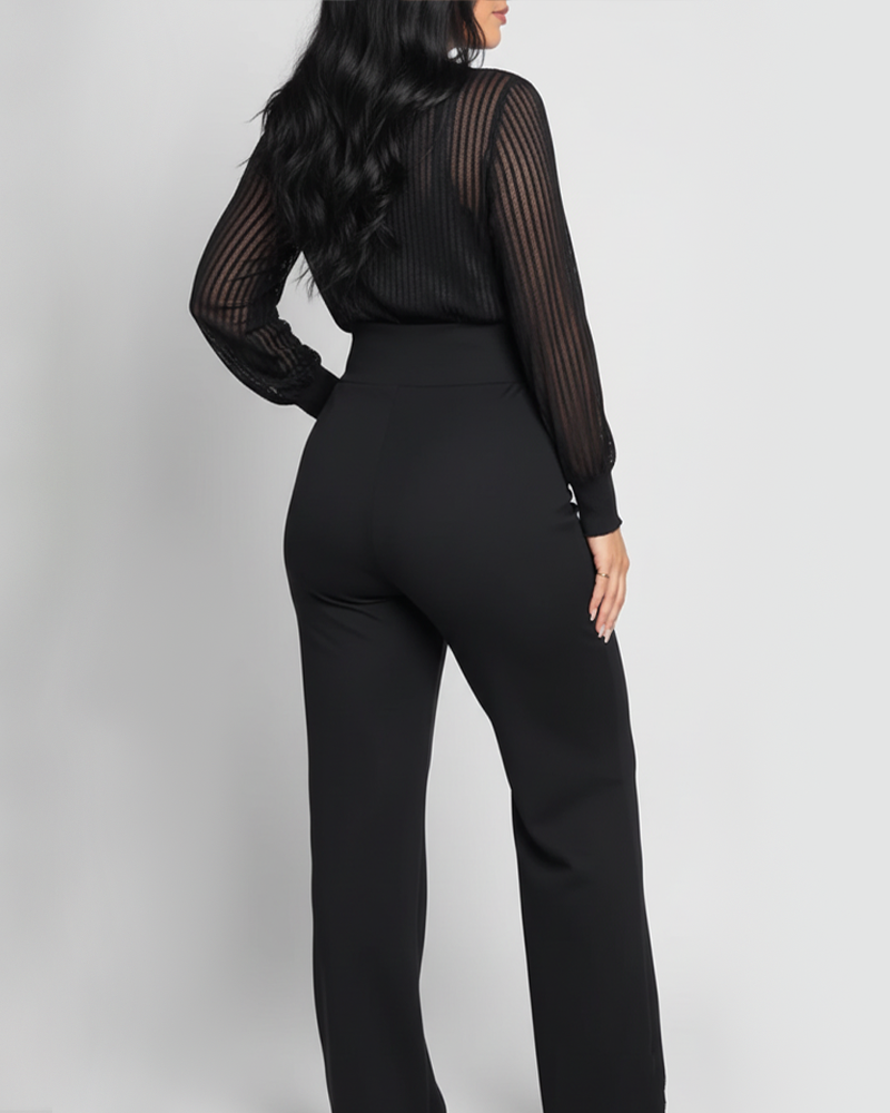 Black Vertical Ribbed Sheer Knit Top Wide Leg Pants Fashion 2 Piece Outfit Set