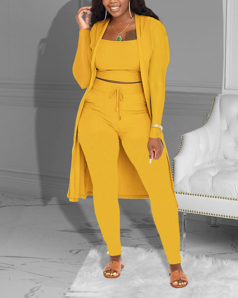 Casual Knitted Long Cardigan Vest And Pants Three Piece Set