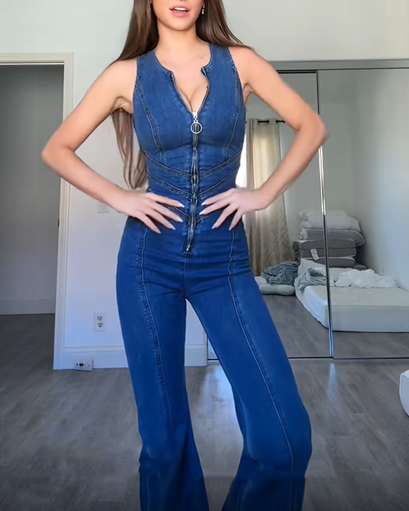 Zippered Slim Fit Sleeveless Fashion Street Jumpsuit Denim