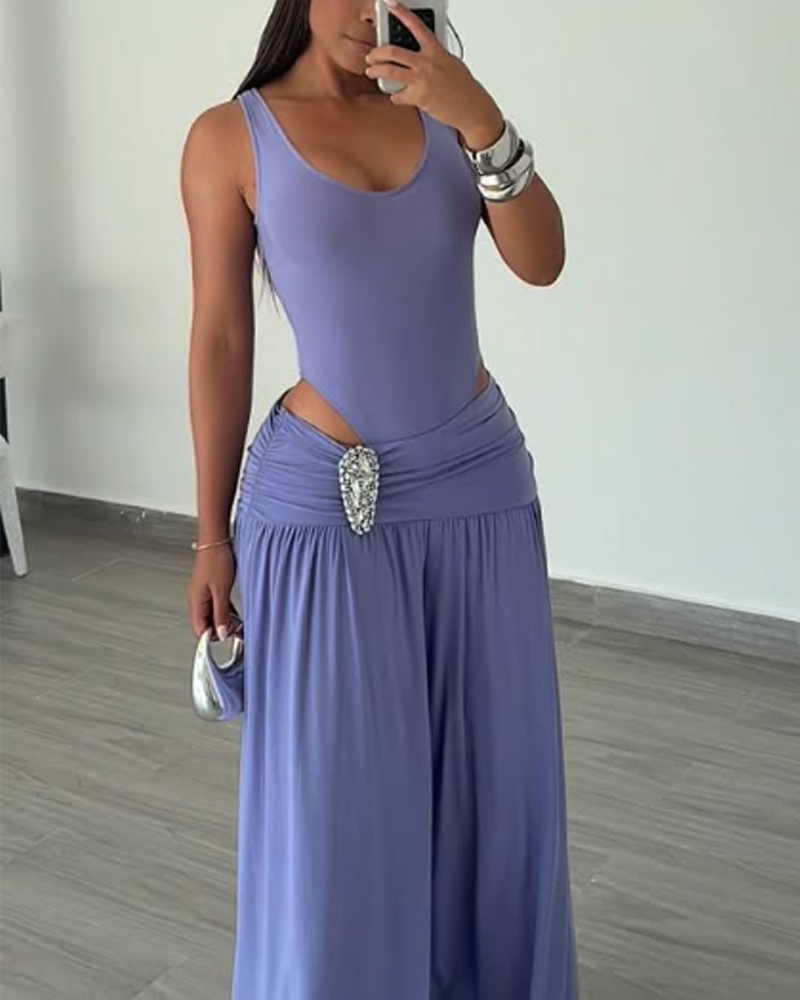 Tank Bodysuit Rhinestone Waist Draped Wide Leg Pants Two Piece Set