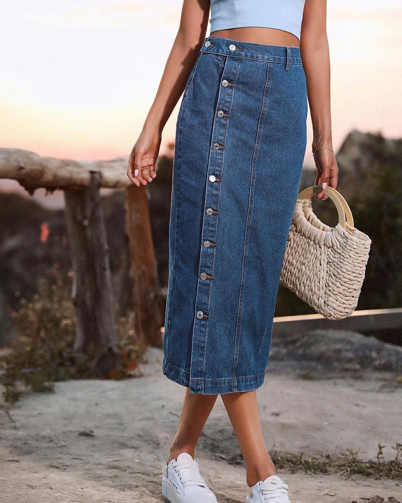 Irregular Slit Denim High-Waisted Midi Skirt-Curvy-Faja