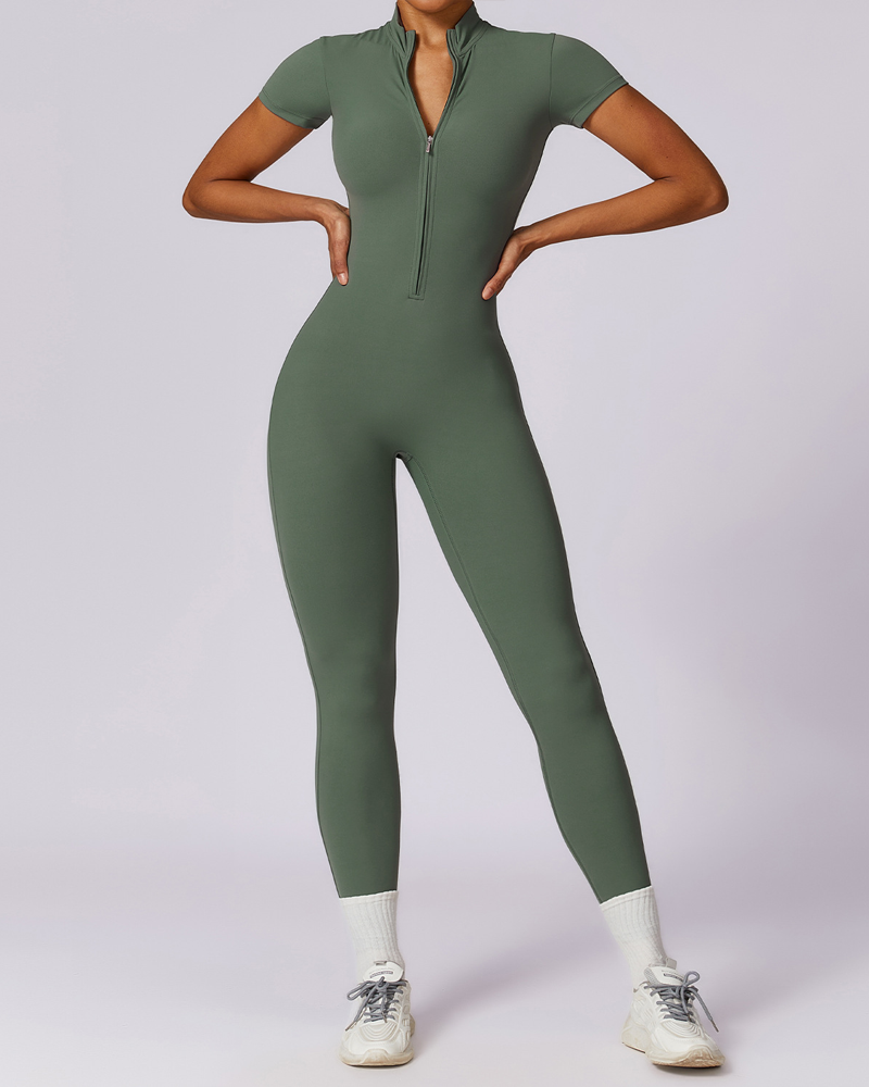Zippered Short-Sleeved Slim-Fit Jumpsuit