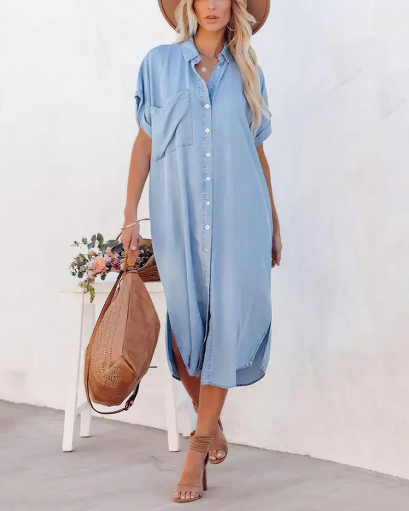 Denim Short Sleeve Button Down Long Dress With Side Split