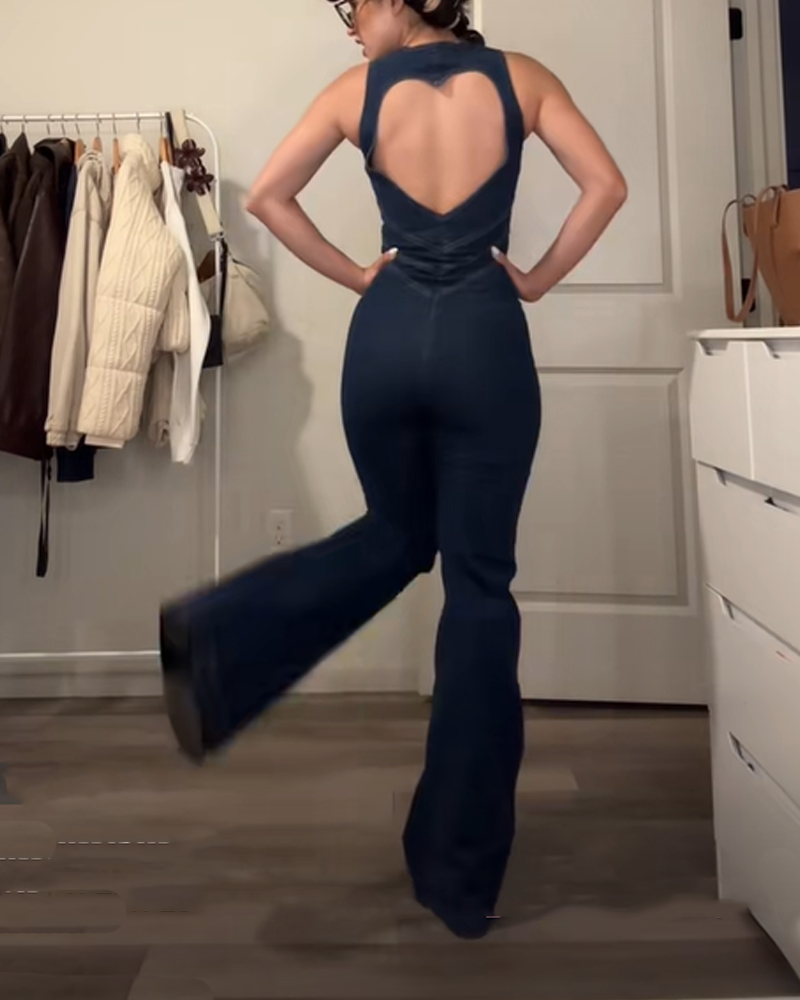 Zippered Slim Fit Sleeveless Fashion Street Jumpsuit Denim