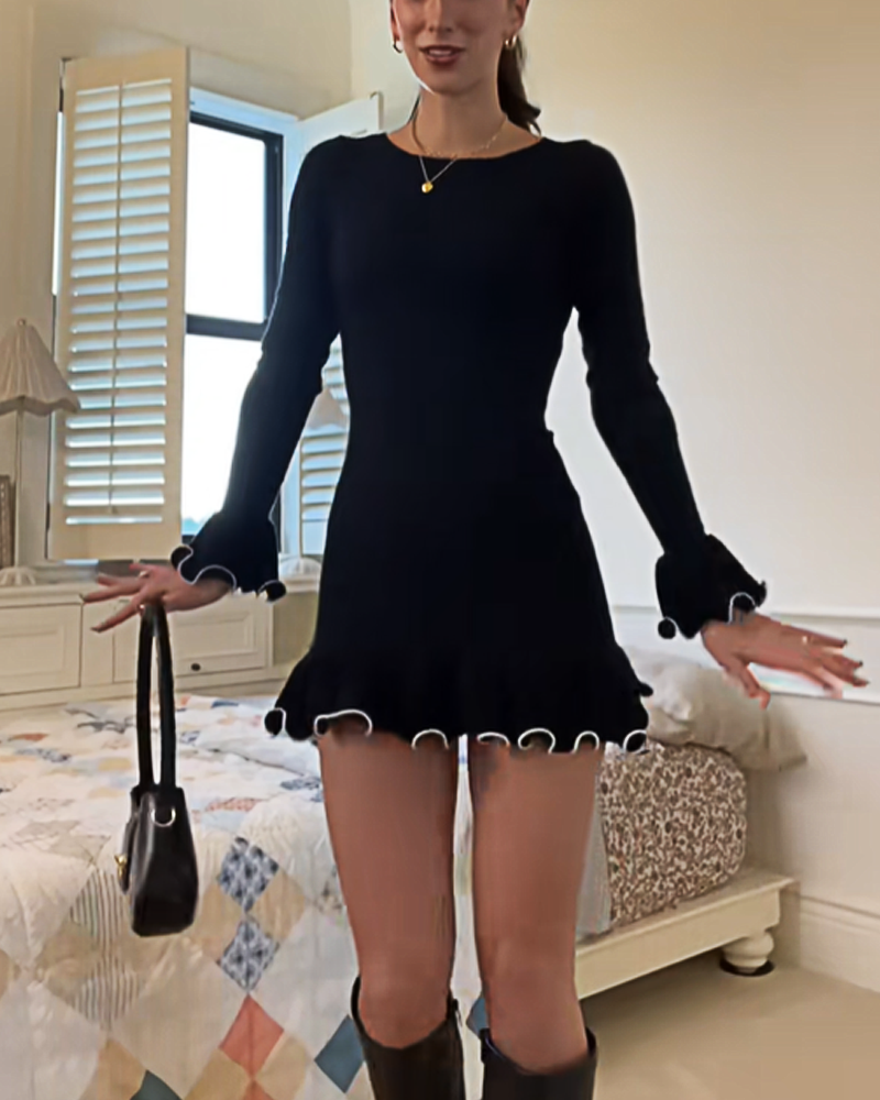 Solid Color Round Neck Long Sleeve Slim Fit Ruffle Dress