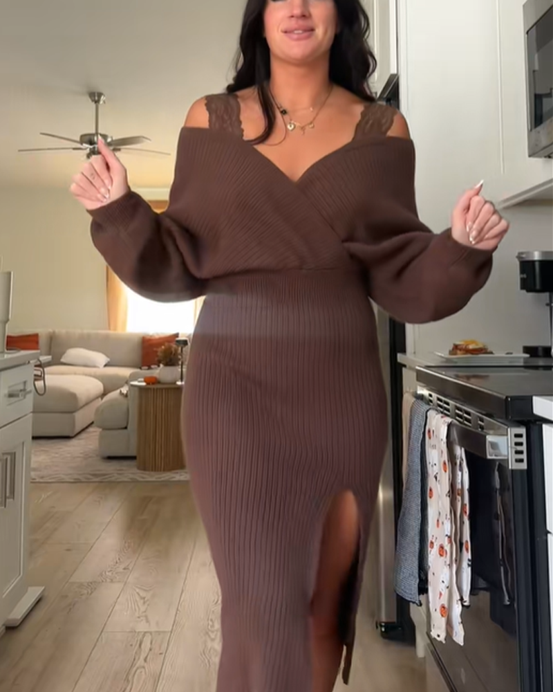 Knit Off-Shoulder Wrap Lace Split Midi Dress（Pre-sale）