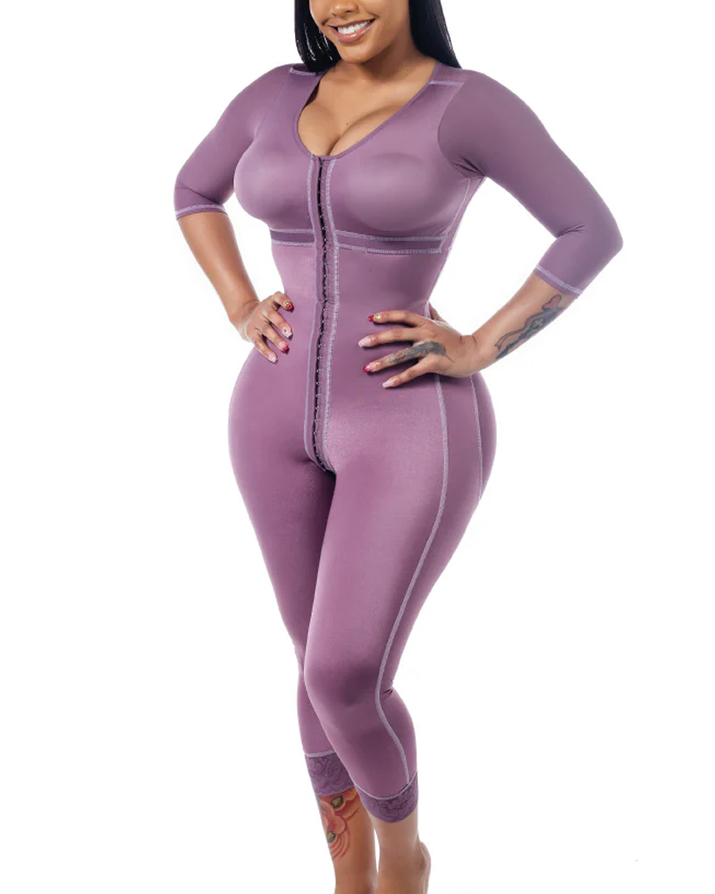 Hook-Eye Closed Long-Sleeved Full-Body Shaping Bodysuit