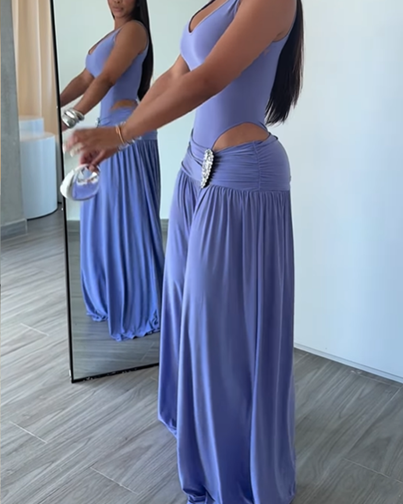 Tank Bodysuit Rhinestone Waist Draped Wide Leg Pants Two Piece Set