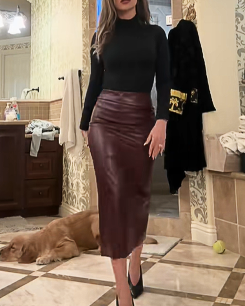 Solid Color PU Leather Skirt Fashionable And Casual Midi Skirt