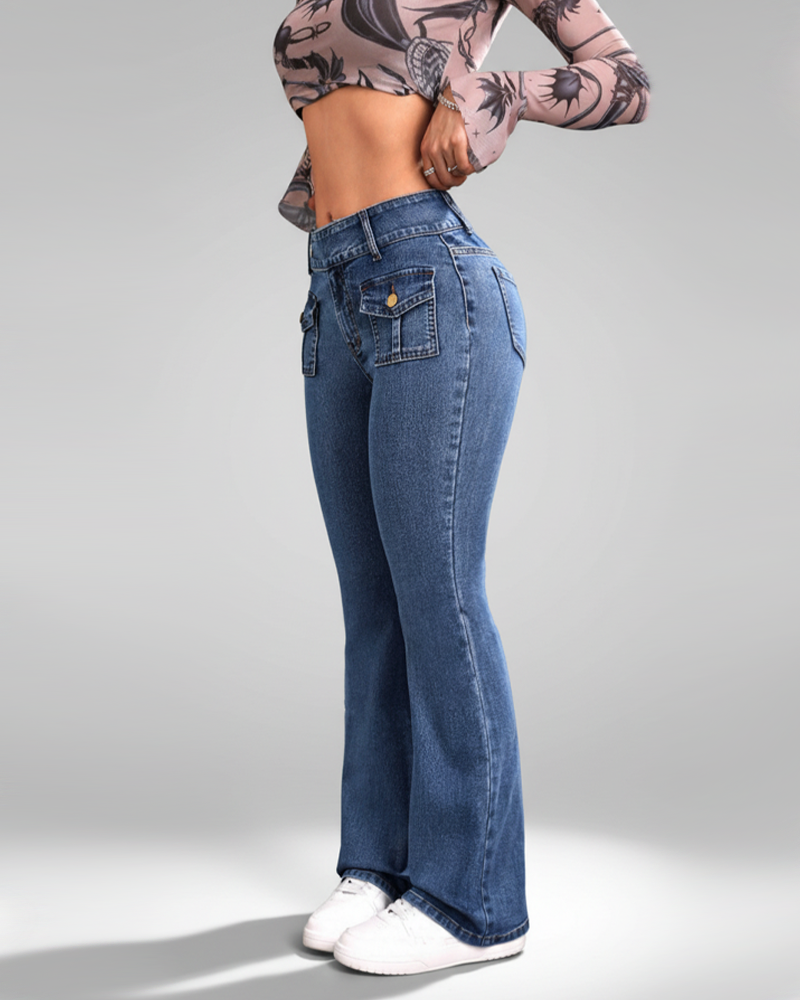 High Waist Casual Stretch Slim Fit Flare Jeans With Pockets Fashion Denim Pants