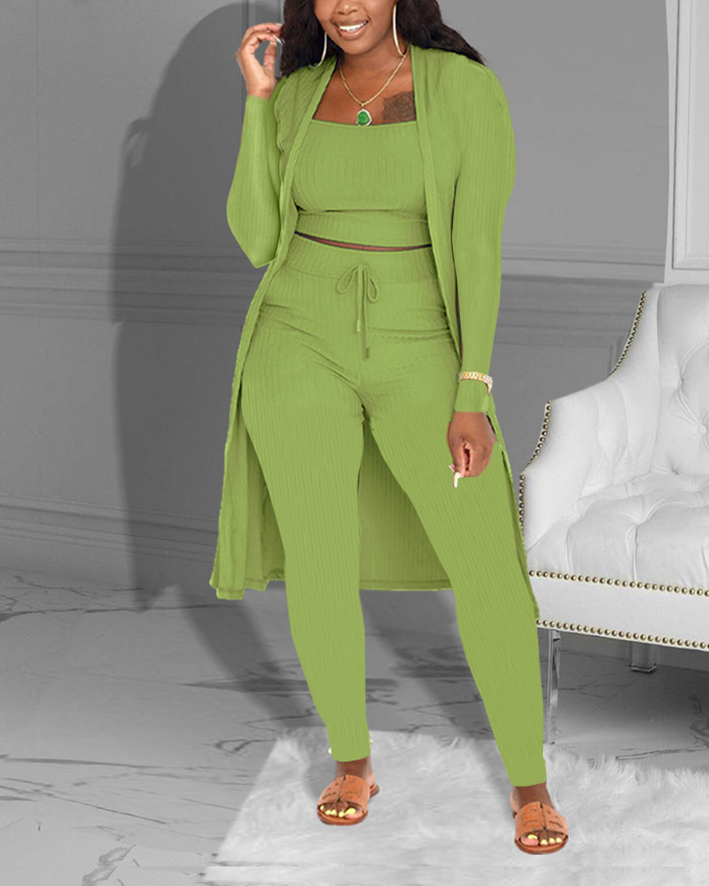 Casual Knitted Long Cardigan Vest And Pants Three Piece Set