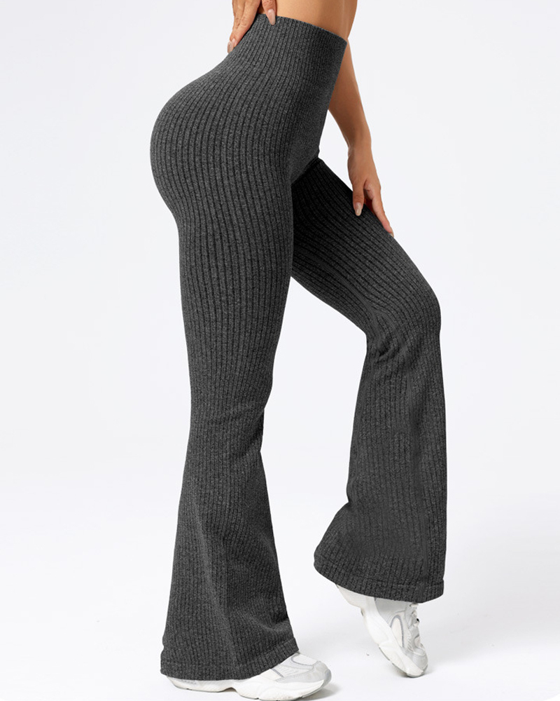 High Waist Ribbed Flared Yoga Pants-Curvy-Faja