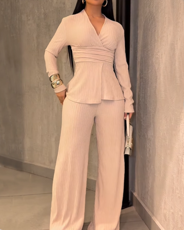 Stylish And Elegant V Neck Fitted Waist Long Sleeved Trouser Suit