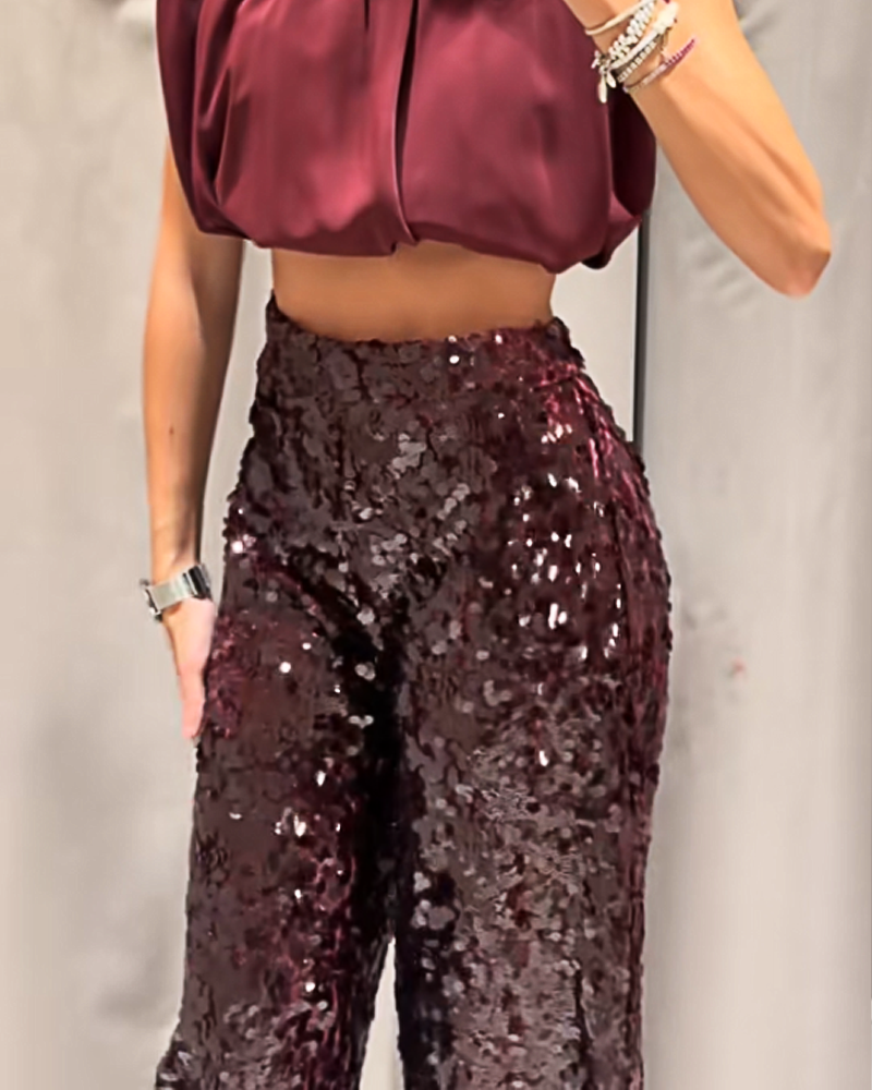 Fashionable Red Sequined Bucket Pants