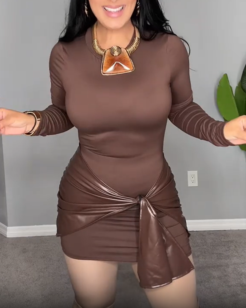 Patchwork Knotted Side Ruched Long-Sleeved Mini Dress