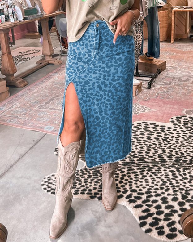 High-Waisted Slit Denim Skirt