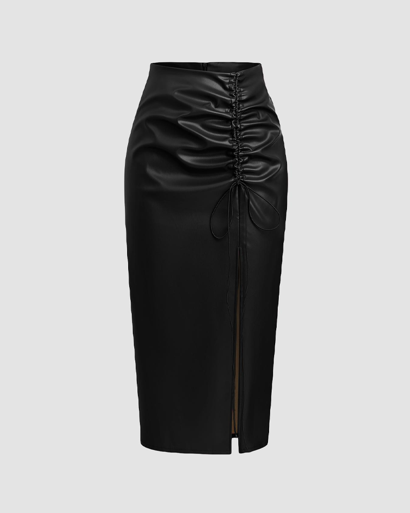 Pleated Drawstring PU High-Waisted Slit Midi Skirt