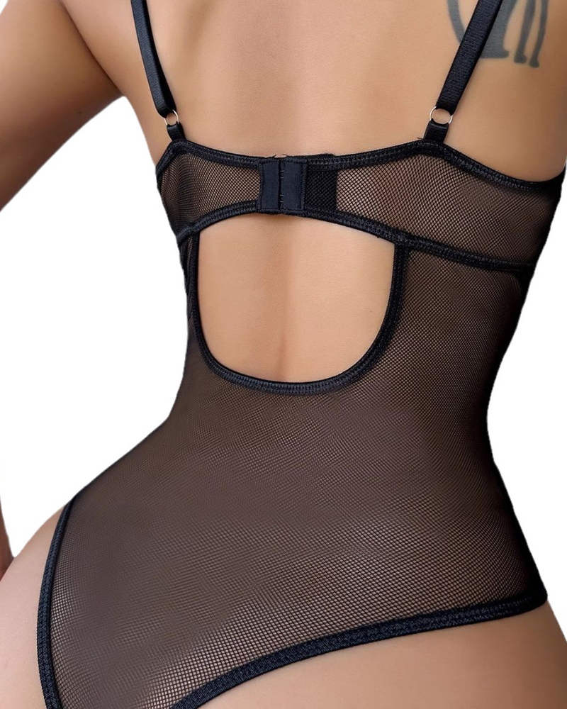 Leopard Print Mesh Cutout Push-Up Lingerie Bodysuit