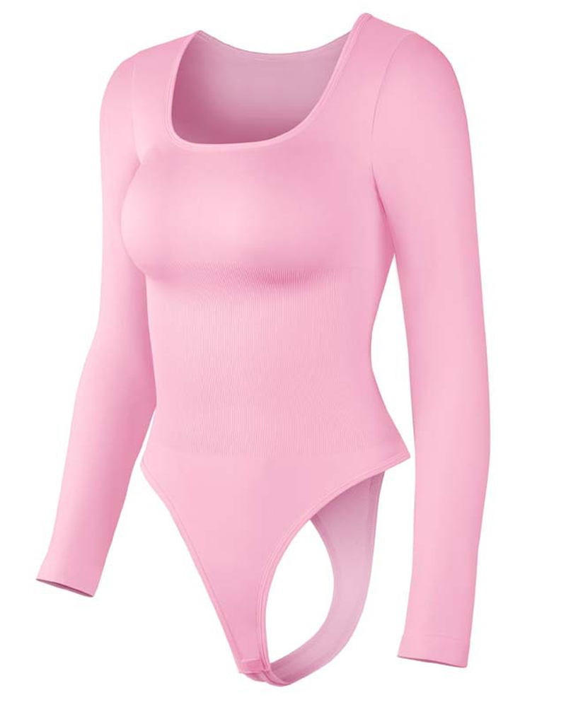 Long-Sleeved Square Neck Slim Waist Bodysuit-Curvy-Faja