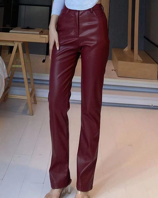 Casual High-Waisted Straight-Leg PU Leather Pants