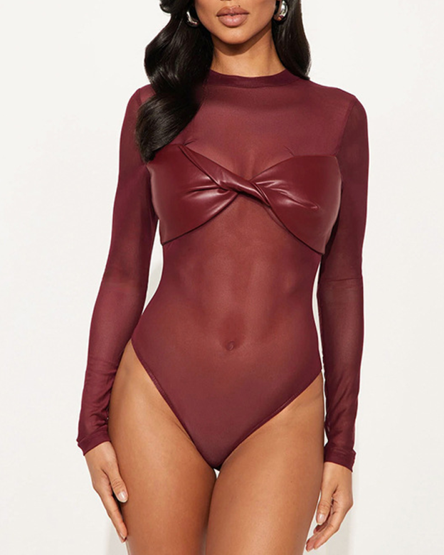 Sexy Mesh PU Leather Long-Sleeved Slim Fit Bodysuit