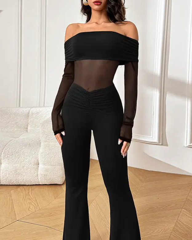 Mesh-Paneled Off-Shoulder Long-Sleeved Jumpsuit