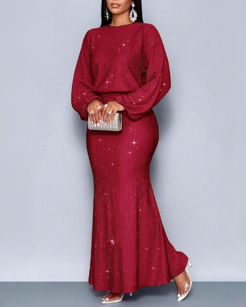 Fashion Sequin Embellished Long Sleeve Mermaid Skirt Ruched Elegant Dress