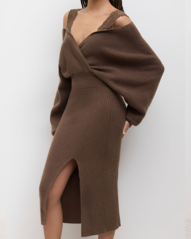 Knit Off-Shoulder Wrap Lace Split Midi Dress（Pre-sale）