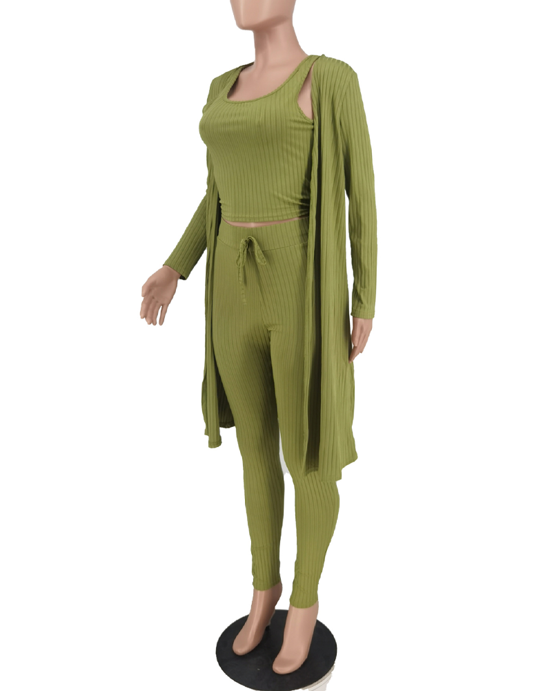 Casual Knitted Long Cardigan Vest And Pants Three Piece Set