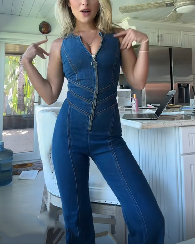 Zippered Slim Fit Sleeveless Fashion Street Jumpsuit Denim