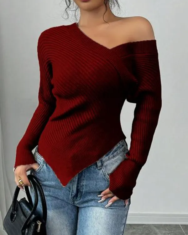 Off The Shoulder Soft Stretch Wrap Around Asymmetrical Ribbed Sweater