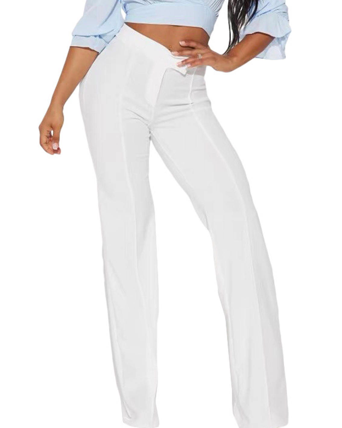 Fashionable White High-Waist Straight Pants-Curvy-Faja