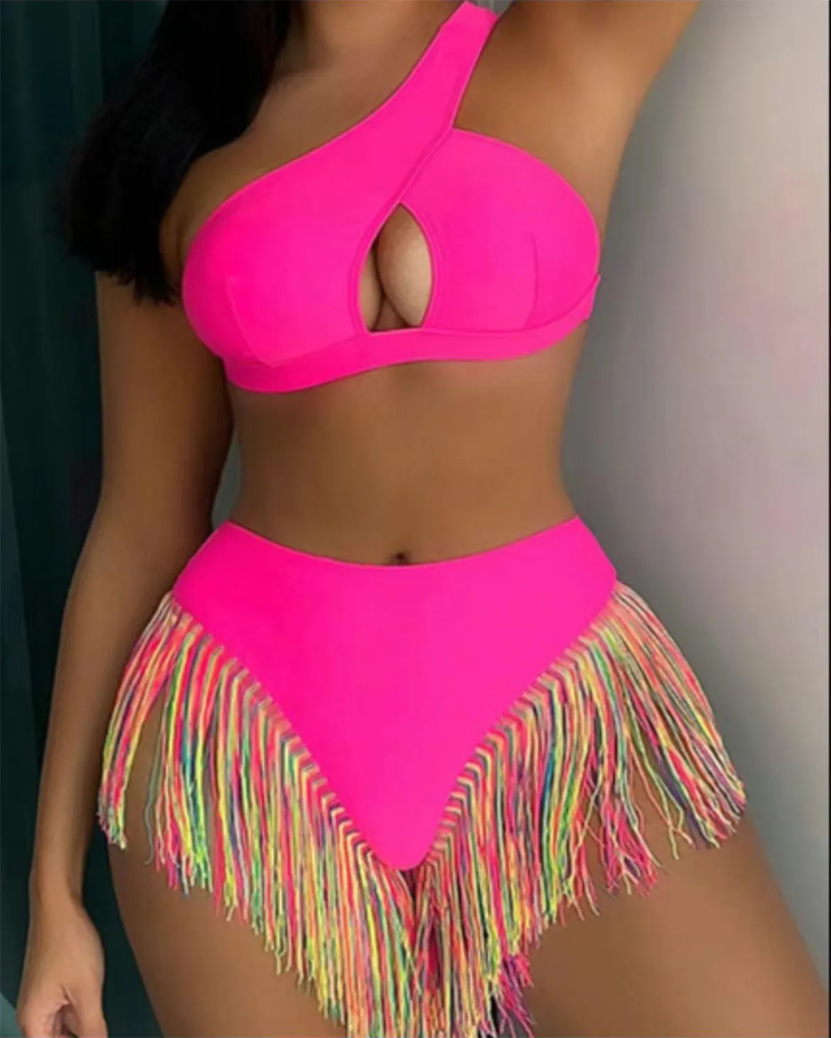 Women's Solid Color Fringe Hem Bikini-Curvy-Faja