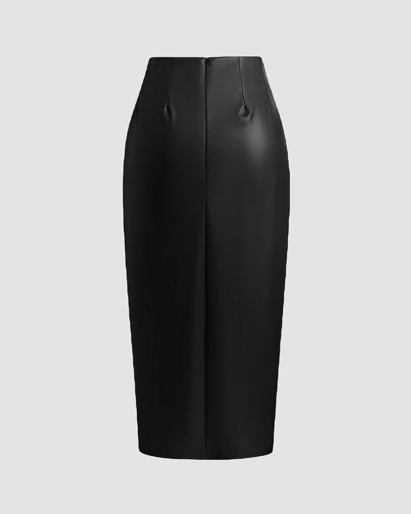 Pleated Drawstring PU High-Waisted Slit Midi Skirt