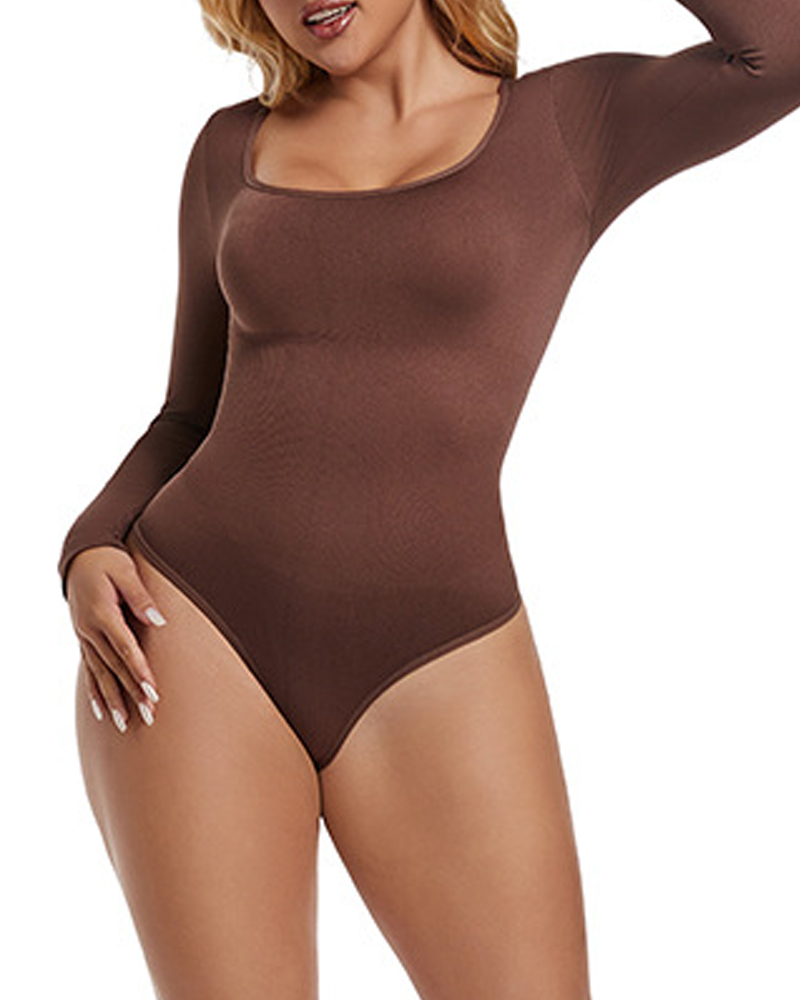 Long-Sleeved Square Neck Slim Waist Bodysuit-Curvy-Faja
