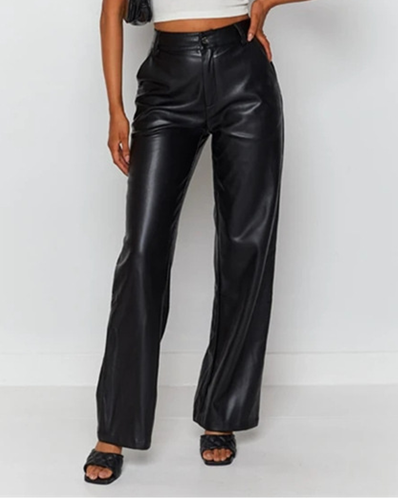 Casual High-Waisted Straight-Leg PU Leather Pants