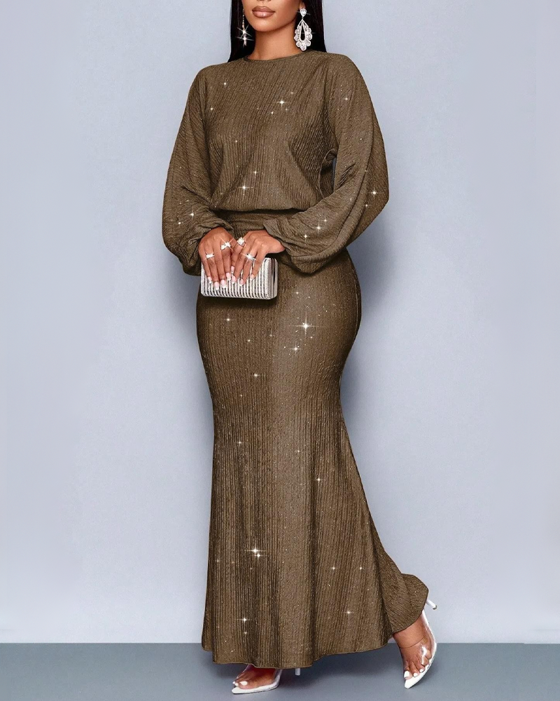 Fashion Sequin Embellished Long Sleeve Mermaid Skirt Ruched Elegant Dress