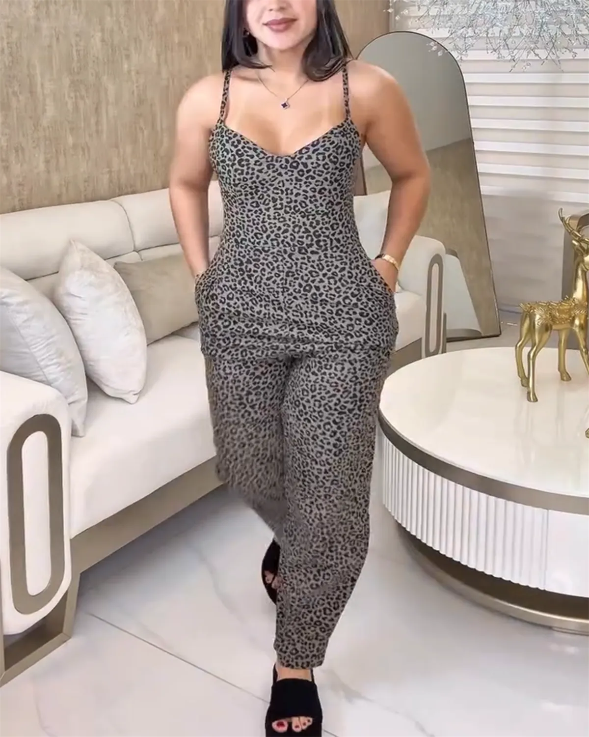 Casual And Comfortable Suspender Leopard Print Bodysuit With Side Zipper（Pre-Sale）