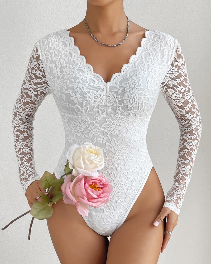 Floral Lace Sheer Long Sleeve Bodysuit V Neck Slim Fit Thong Body Shaper