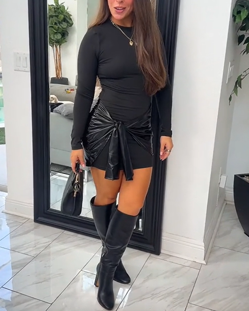 Patchwork Knotted Side Ruched Long-Sleeved Mini Dress