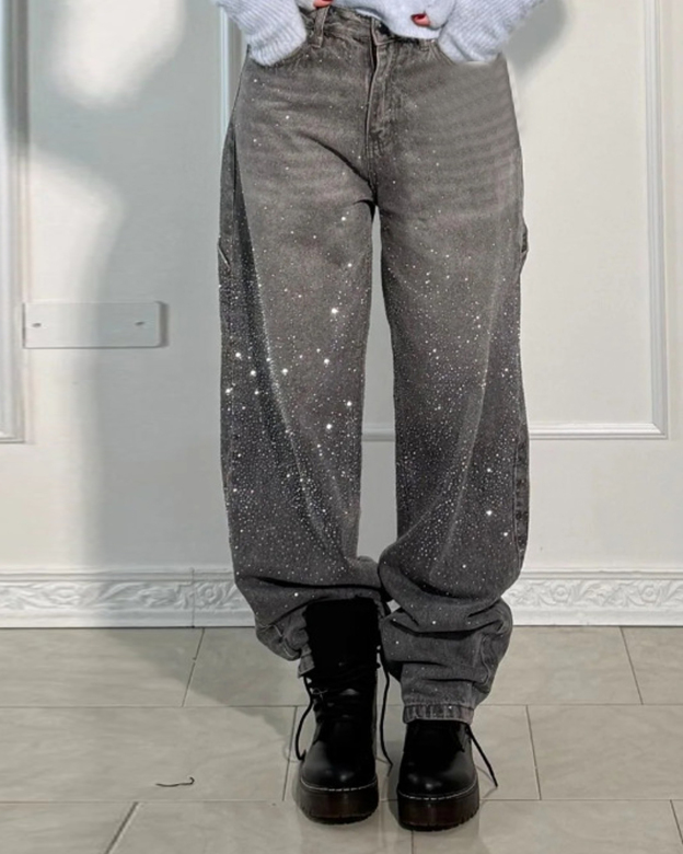 Starry Knee Rhinestone Jeans-Curvy-Faja