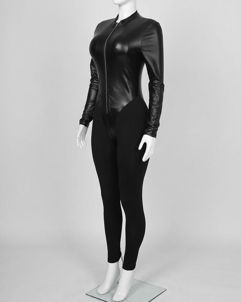 Halloween Solid Color Faux Leather Panel Long Sleeve Slim Long Jumpsuit With Zipper